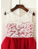 Ivory Lace Red Tulle Knee Length Flower Girl Dress